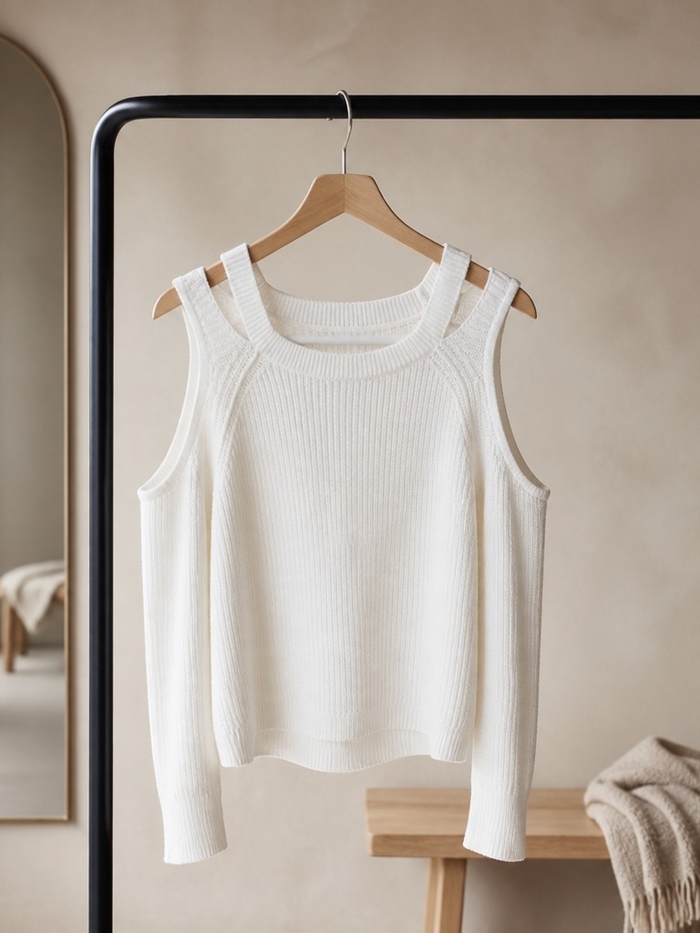 Hollister Cream Peek A Boo-Shoulder Ribbed Knit Sweater